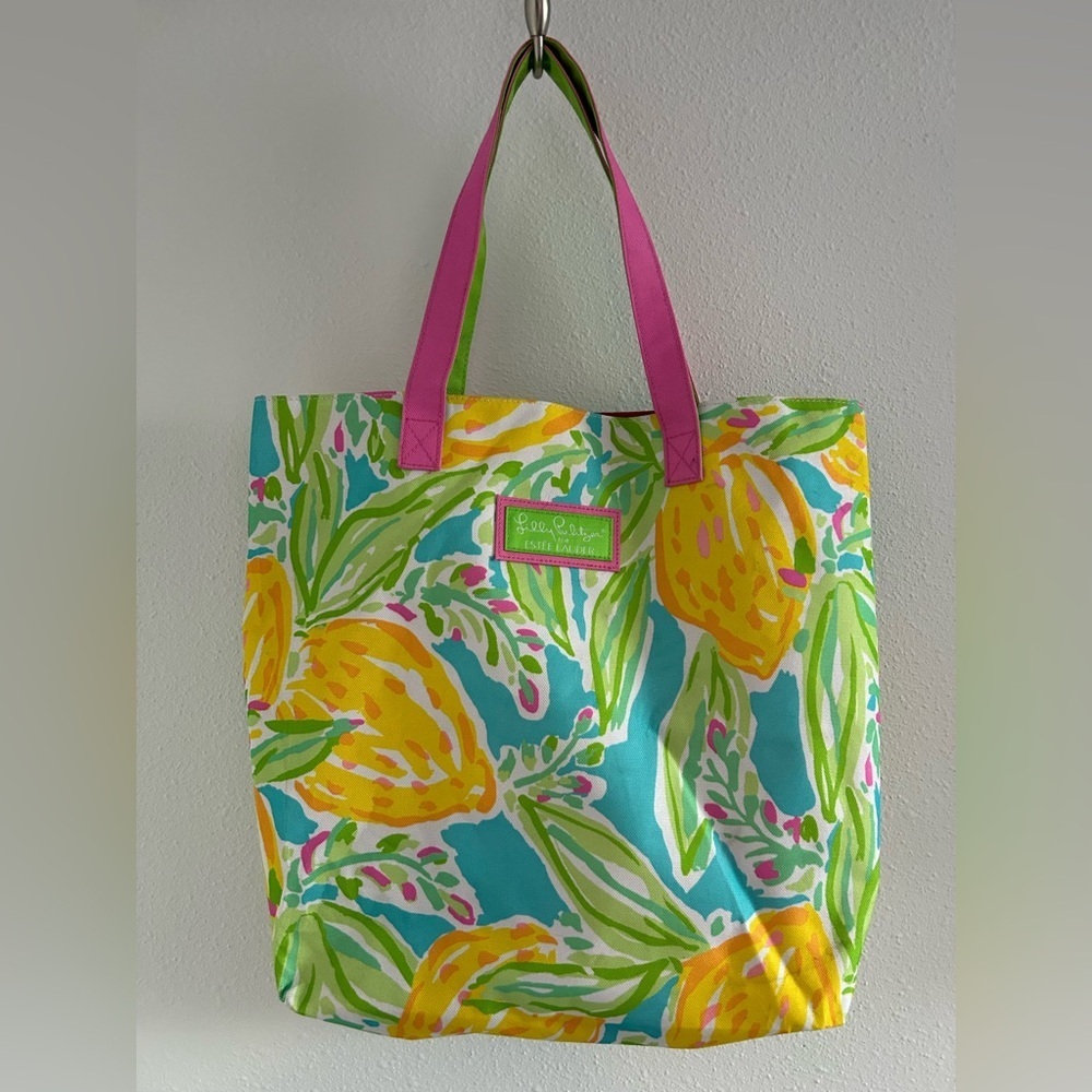 Lilly Pulitzer Turquoise Tote with Pink Handles & Yellow Floral Print